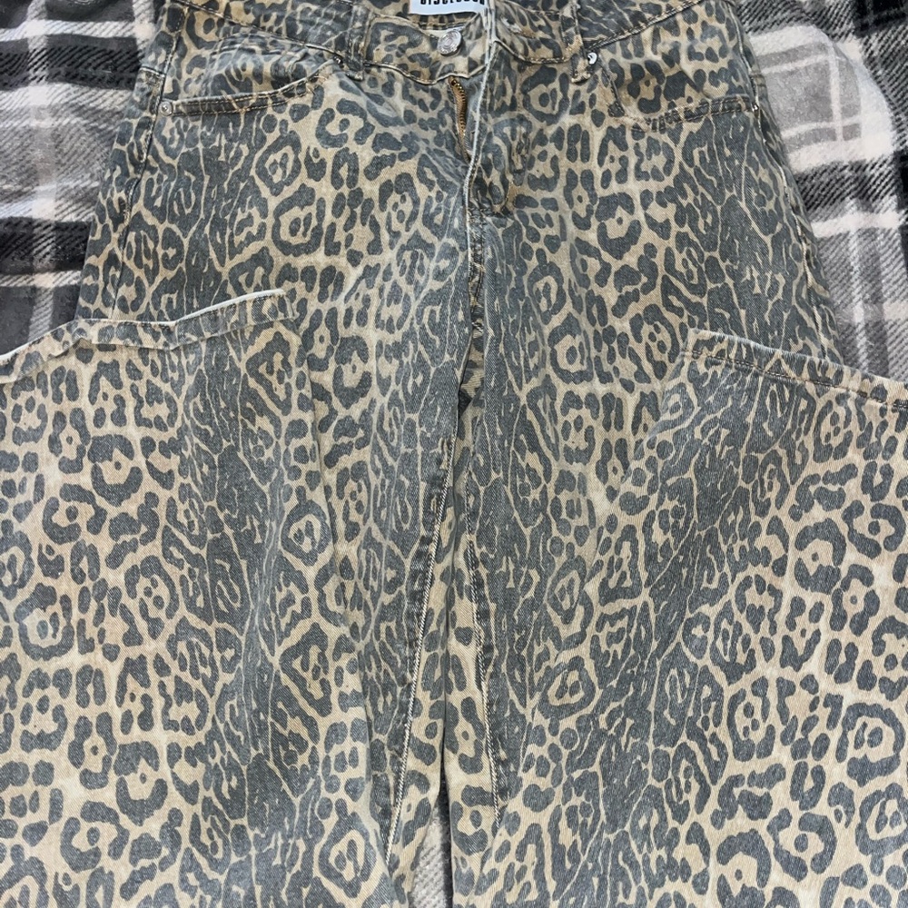 Zara Gray and Tan Leopard Print Straight Leg Jeans